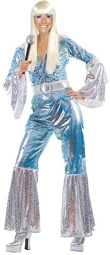My Illusions Ladies 70s Waterloo Blue Jumpsuit and Microphone Disco Diva Fancy Dress Costume Outfit