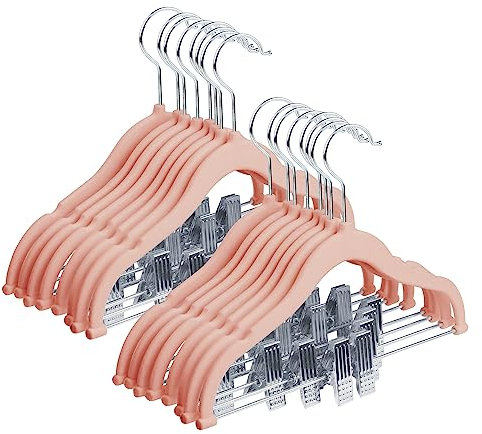 MangoKit Perchas para Pantalones Infantiles de 30 cm, Paquete de 16 Perchas de Terciopelo con Clips Ajustables, Perchas Antideslizantes para Ropa y Faldas para niños(Rosa)