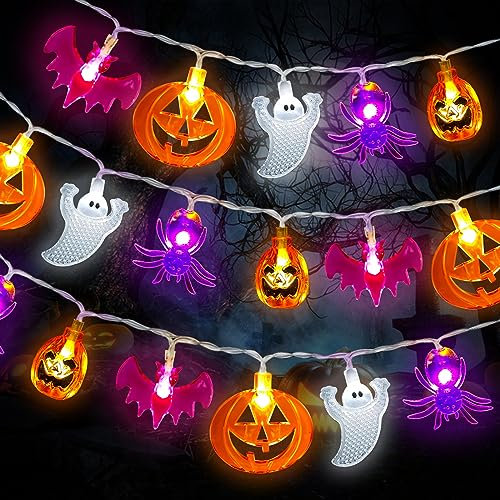 Halloween Deko Lichterkette, 20 LED Halloween Lichterkette mit Kürbis Geister Fledermaus Anhänger Spinne, 2 Modi LED Lichterkette Außen Halloween Deko für Halloween Innen und Außen Garten Festen