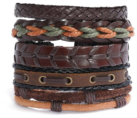 TuseRxln Braided Leather Bracelets Adjustable Fashion, 6pcs Punk Braided Men & Women Rope Bracelet for Men Women Wood Beads Bracelet