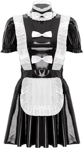 Hedmy Damen Dienstmädchen Kostüm Lack Leder Minikleid Französisch Magd Uniform Dessous Nachtwäsche Clubwear Gr. S-4xl