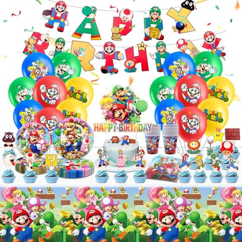 85pcs Super Ma Geburtstag Deko Party Geburtstagsdeko Luftballon und Tortendeko, Partygeschirr Kindergeburtstag Mitgebsel Ballon Dekoration-Servietten, Pappteller, Tischdecken, Banner, Pappbecher
