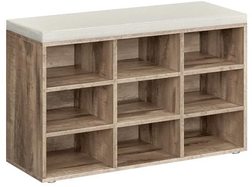 VASAGLE Banc à Chaussures, Organiseur de Chaussures avec 9 Compartiments, Siège Rembourré, pour Entrée, Couloir, Placard, Marron Camel et Beige Cappuccino LHS009K02