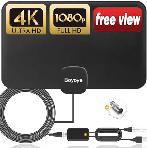 Antenna TV Interna, Portata di Oltre 450Km, Supporto Ricezione a 360° VHF/UHF per Smart TV, Amplificatore di Segnale per Canali Locali, Cavo Coassiale HDTV da 5M by Boyoye (168D)