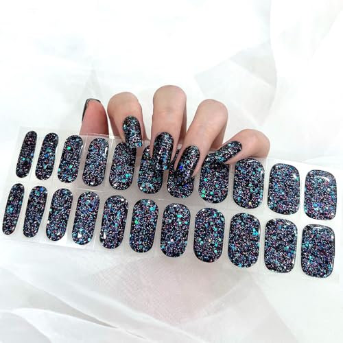 Ceboic 22PCS Autocollant Ongle Gel UV Semi Durci, Français Enveloppes à Ongles en Gel Couverture Complète Bandes d'ongles en Gel Auto-adhésifs, Manucure Décoration pour Femme Fille - Noir Paillettes