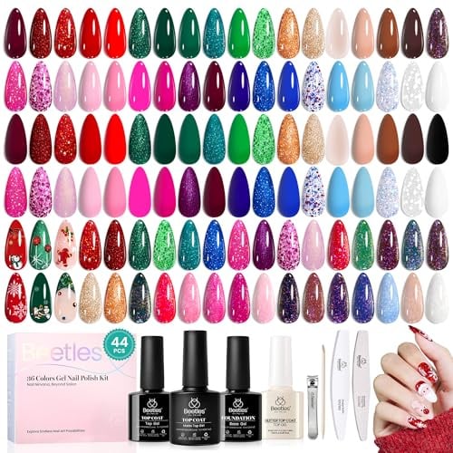 Beetles Glitter Gel Nagellack Set 44Pcs, 36 Farben Gel Nagellack Rot Gold Grün Silber Burgund Blau Rosa Sparkle Nail Polish Kits mit Base Top Coat Nail Art Geschenk für Frauen