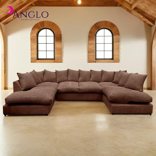 Jumbo U Shaped Sofa – Comfy Back Cushion Corner Sofa Bed with Memory Foam Seating - Couches for Living Room, Bedroom, Office (Chocolate, Scatter Back)