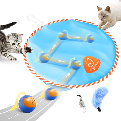 Migipaws Interactive Cat Ball Toy Set, Fun Tracker, Glowing Chase Ball with MystiChaser Pouch, Fluffy Tail, A Small Mice(Blue)