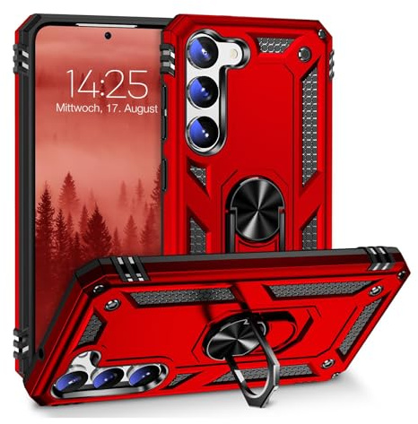 LBH Outdoor Hülle für Samsung Galaxy S23 Armor Militär Stoßfest Handyhülle 360 Grad Metal Ring Halter Ständer Schutzhülle für Handyhalterung Auto Magnet Rot
