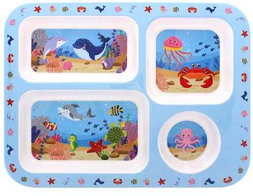 Kids Divided Plate Blue Sea Life Toddler Boys Girls Children Tableware Food Safe