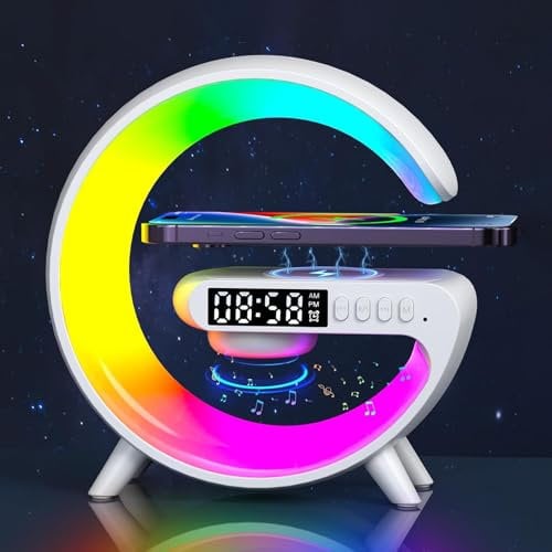 Night Light Lamp with Wireless Charger,Bluetooth Speaker with Alarm Clock,G-Shaped Wireless Charger Atmosphere Lamp Via USB-C Connection,Sunrise Alarm Clock with Music,Dimmable LED Table Lamp-White