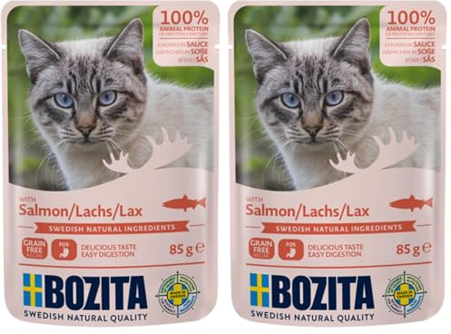 BOZITA Nassfutter Häppchen in Soße mit Lachs 12x85g Pouch Portionsbeutel - getreidefrei - für Erwachsene Katzen (Packung mit 2)