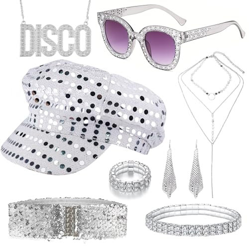8 Stück 70s Disco Accessoires, 70er jahre Kostümzubehör mit Pailletten Hut Sonnenbrille Ohrringe Armband Gürtel 1970s retro Hippie Kostüm für Karneval Thema Party Silvester Outfit