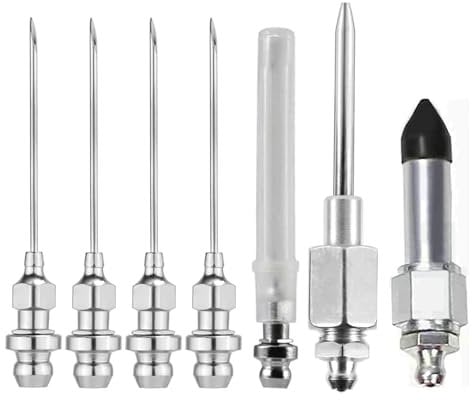 Grease Gun Accessory Set, 5pcs Grease Needle Nozzles 1 Grease Needle Dispenser with 1 Rubber Nipple Adapter Grease injector Needle Dispensing Tip Fitting Tool Coupler for Injecting.