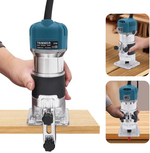 Défonceuse compacte, outil compact pour bois, 6 vitesses variables, fraiseuse à bois, rabotage des bords en bois, travail des meubles (bleu)