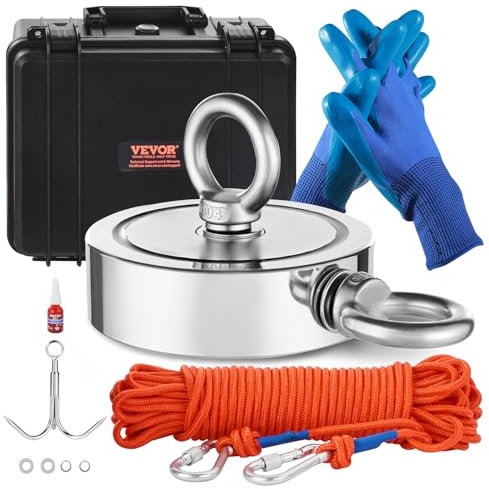 VEVOR Magnet-Angelset Magnet Angel Kit (Orange) 635 kg doppelseitige Zugkraft, Seltenerd-Neodym-Magnet-Angelset inkl. Enterhaken Hochleistungsseil Handschuhe (Blau) Tragbox Ringschraube
