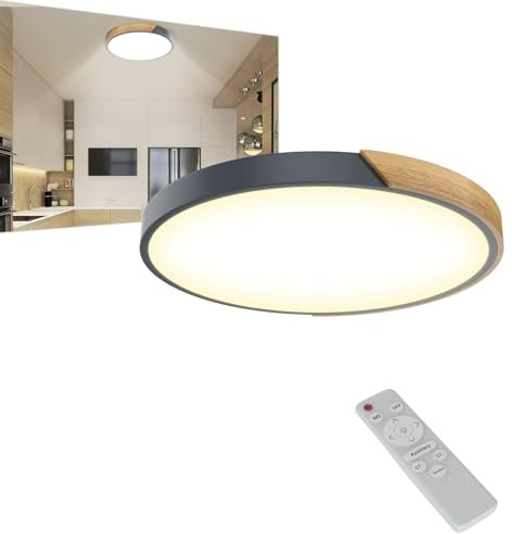 UISEBRT Deckenlampe LED Deckenleuchte Holz,Rund Leuchte Decke,2800K-6500K 96W Dimmbar Flachlampe für Wohnzimmer,Schlafzimmer,Badezimmer,Küche,Flur,kinderzimmer,Büro,Grau