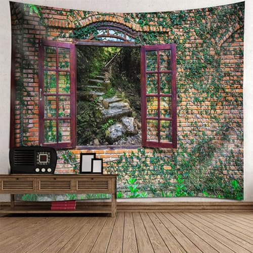Daesar Wandteppich Orientalisch, Tapisserie Wandbehang 150x150CM Backsteinmauer Fenster und Treppen Muster Wall Tapestry Wandteppich Kinderzimmer