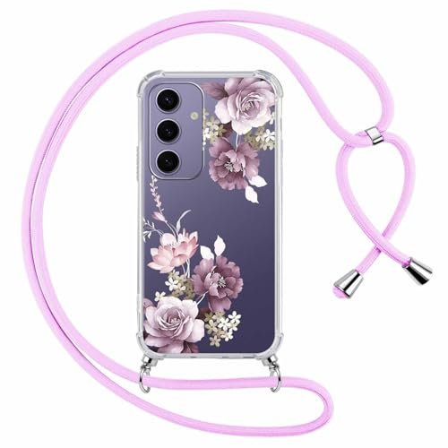 Yoedge Coque avec Cordon pour Samsung Galaxy S24 5G 6,2, Transparente Aesthetic Motif Fleur Étui Collier Tour de Cou Lanière Corde Lanyard Case, Silicone TPU + PC Antichoc Housse pour Samsung S24,12