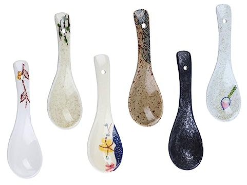 Homoyoyo 6pcs Ceramic Soup Spoons Set, Porcelain Porridge and Dessert Spoons, Assorted Japanese Style, Household Tableware for Eating Soup and Rice