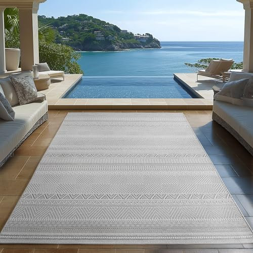 Carpetsale24 Outdoor Teppich Grau 240x340 cm, Wetterfest & UV-beständig, ideal für Küche, Balkon, Terrasse, Garten auch Wohnzimmer und Esszimmer, Skandinavisches Boho-Design, Leicht zu Reinigen