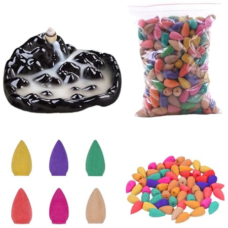 tintoke300 Stk Reverse Wasserfall Kegel und Räuchergefäß,Backflow Incense Räucherkegel,räucherpyramide wasserfall,Wasserfall-Berg-Rückfluss-Räucherstäbchenhalter,für Schlafzimmer, Badezimmer, Yoga usw