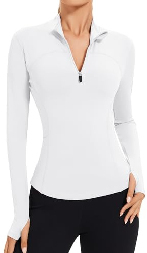 IECCP T Shirt Damen Gym Top Langarm Sportshirt Yoga Fitness Crop Tops mit Zwei Taschen Leicht Laufen Oberteil mit 1/4 Reißverschlus Weiß M