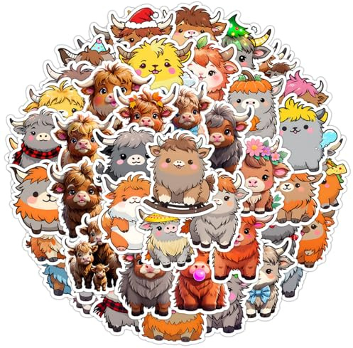 SANYUANHE 100 Stück Highland Cow Sticker,Niedliche Tieraufkleber,Highland Cow Cartoon Doodles Aufkleber für Wasserflaschen,Koffer,Fahrräder,Autos,Tablets,Kinder und Erwachsene