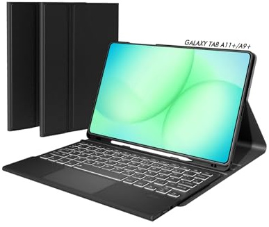 Doohoeek Schutzhülle mit Tastatur für Samsung Galaxy Tab A11+ Plus 11 Zoll 2025/ A9+ Plus 2023, Bluetooth Kabellose Beleuchtete Tastatur mit Multi-Touch Trackpad, QWERTZ, Schwarz