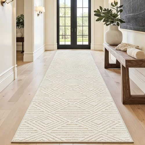 Capslpad Teppich Läufer Flur 80x300cm Creme Modern Waschbar Küchenläufer Teppich 3D Geometrie Hoch Tief Effekt rutschfest Teppiche für Wohnzimmer Schlafzimmer Eingang