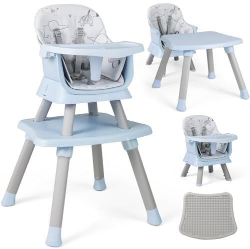 GYMAX 6 in 1 High Chairs (Blue, 58 x 58 x 98 cm) | Convertible Baby Dining Highchair with Adjustable and Removable Tray & 5-Point Seat Harness