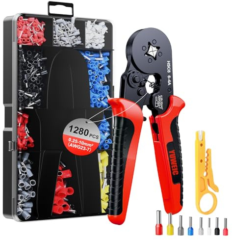 Kit Pinza Crimpatrice per Puntalini 0,25-10 mm² con 1280 Puntalini, Pinza a Cricchetto Autoregolante HSC8 6-6A con Mini Spelafili e Scatola Organizzatore