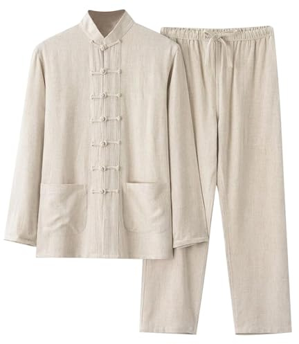 2-Teiler Tai Chi Anzug Herren Tang Anzug Chinesischer Stil Langarm Baumwolle Leinen Hemd+Hose Traditionelle Kampfkunst Chinesische Kleidung Atmungsaktiv Uniform Set Frühling Sommer Jogginganzug