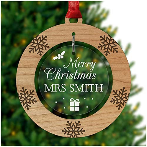PERSONALISED Teacher Christmas Bauble Ornament Gifts - Cherry Veneer and Acrylic Engraved Tree Decoration - Keepsake Christmas Thank You Presents