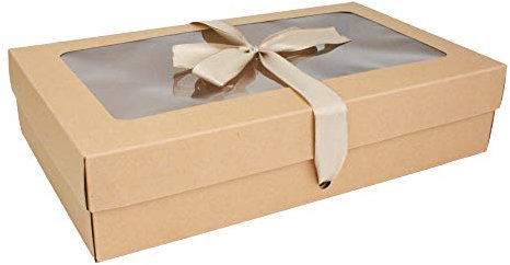 Emartbuy Pack of 12 Rectangle Shaped Presentation Gift Box, 27 cm x 16 cm x 6 cm, Brown Kraft Box with Clear Lid and Satin Ribbon