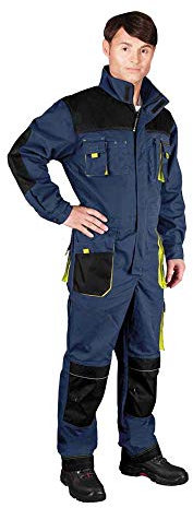 Leber & Hollman Herren Overall LH-FMN-O, 65% Baumwolle, 35% Polyester, 270 g/m2, Hochkragen, 2-Wege-Reißverschluss und Klettverschluss, 14 Taschen, Kniepolstertaschen, Dunkelblau-Schwarz-Gelb
