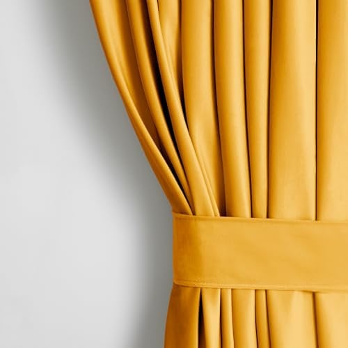 AmeliaHome Set Vorhang H 270 x B 140 cm mit Raffhalter 54 x 10 cm Velvet Optik Senfgelb 1 St. Ösenschal Samt Halbverdunkelungsvorhang Fensterdekoration Dekoschal Dekorvorhang