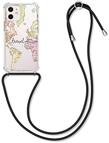 kwmobile Crossbody Case Compatible with Apple iPhone 12 mini Case Strap - Travel Black/Multicolor/Transparent