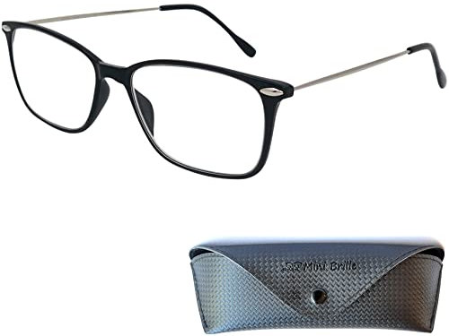 Leichte Anti Blaulicht Brille Lesebrille Rechteckig, Gratis Etui, Kunststoff Rahmen (Schwarz) mit Metall Bügeln, Blaulichtfilter Brille Damen und Herren 2.0 Dioptrien