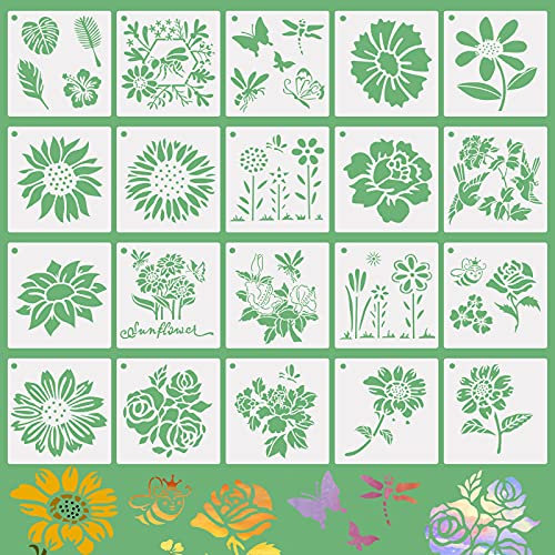 20 Stück Blumen Schablone zum Malen Groß Zeichenschablonen Blätter Schmetterling Sonnenblumen Schablonen DIY Zeichnung Malschablonen für Scrapbooking Journal Karten Fotoalbum Wand Fenster