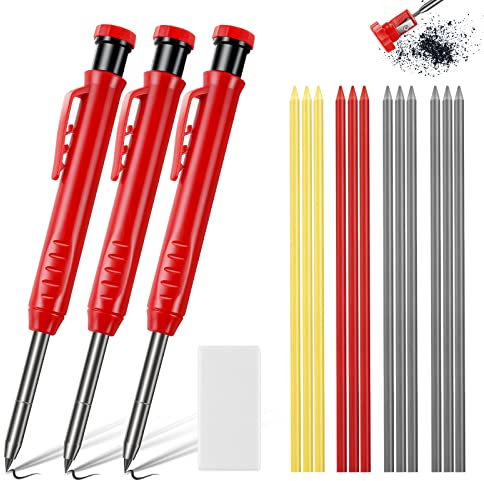 flintronic Baustellenstift, 3 Stück Tieflochmarker mit 15 Bleistiftsminen (Rot Gelb Schwarz) und 1 Radiergummi, Druckbleistiftli, Baustifte Solides, Baustellen Stift Bleistiftspitzer für Zimmermann