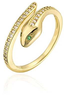 ITVIP Statement-Ring für Damen Verkupfert 18 Karat Gold mit Eingelegtem Zirkon grünes Auge Schlangenform Ring lebender Mund verstellbar (Gold)