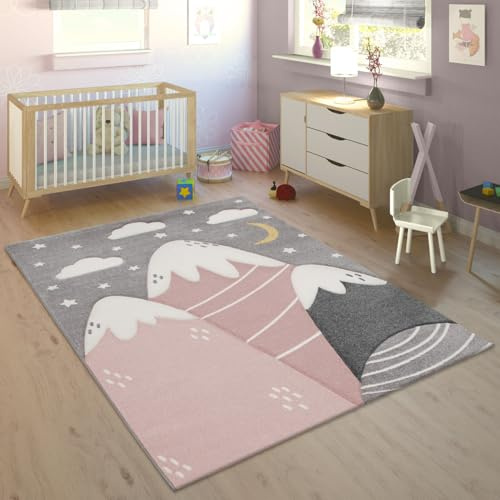 Paco Home Teppich Kinderzimmer Kinderteppich Spielteppich Junge Mädchen 3D Optik Modern Pastell Berge Wolken Sterne, Grösse:133 cm Quadrat