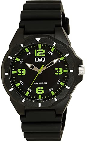 Q&Q Herren-Uhr Silikon Dornschließe 10 Bar schwarz Analog Quarz (schwarz grün)