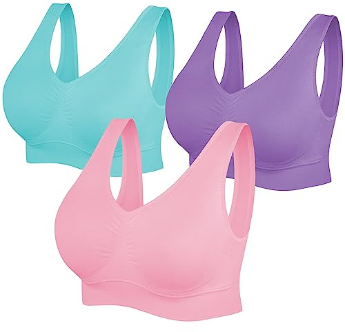 SIMIYA Super Comfort Bra, Womens Sports Bras Removable Pads Plus Size Sleep Bras for Girls in Yoga Bralette Leisure Stretch Crop Tops Vest (3XL, 3 Pack Pink+Blue+Purple)