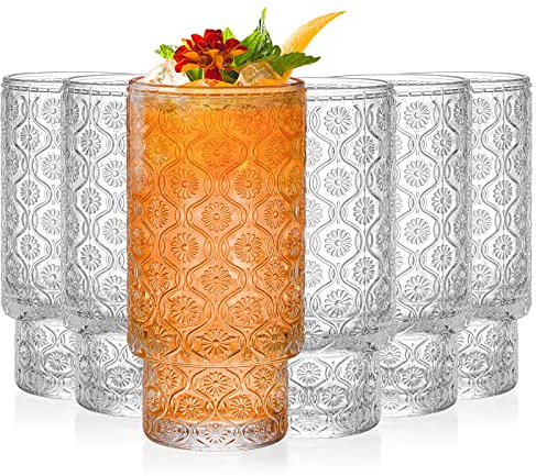 AVLA 6 Stück Vintage-Trinkgläser, 340 ml, romantisches Highball-Glas, schmal, hoch, Cocktailglas, hohe Getränke, Wassergläser, Tom Collins, Barzubehör für Mojito, Saft, Bier, Limonade