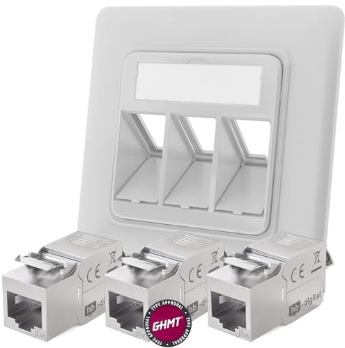 HB-DIGITAL 3-Port CAT 6a Netzwerkdose mit GHMT zertifiziertes Keystone max. 10 GBit/s Unterputz Netzwerkdose RJ45 Buchse STP Geschirmt Datendose LAN Dose - Signalweiß