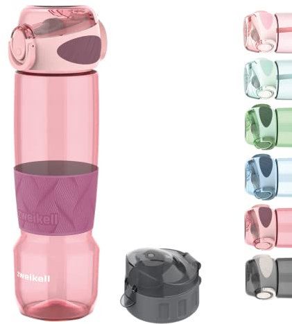 Zweikell Trinkflasche 650ml, Tritan Wasserflasche, BPA Frei, Wasserflasche auslaufsicher für Kinder, Schule, Sport, Uni, Outdoor, Mit Flaschendeckel Geschenk, Silikon rutschfeste, Rosa