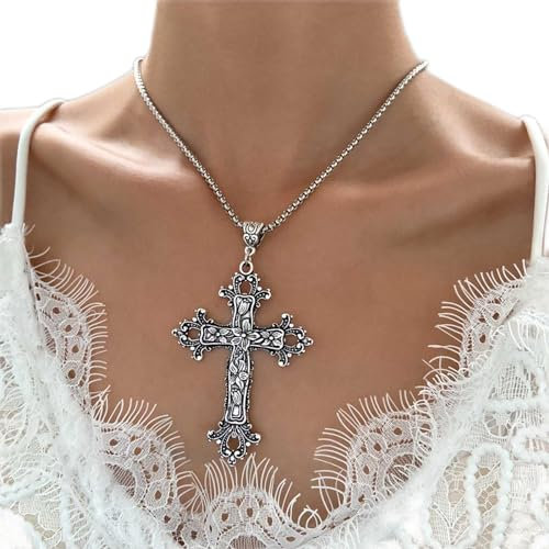 Wendalern Gothic Silber Kreuz Halskette Große Gravierte Blume Kreuz Halskette Vintage Religiösen Kreuz Anhänger Halskette Italienische Box Link Kette Halskette Schmuck Für Frauen Männer