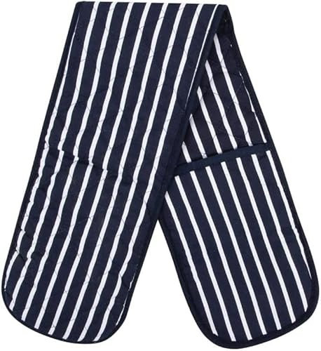 100% Cotton Heat Resistant Stripe Double Oven Glove Mitt for Home Kitchen Restaurant Hot Oven Pots Kitchen Tray Pans-Navy